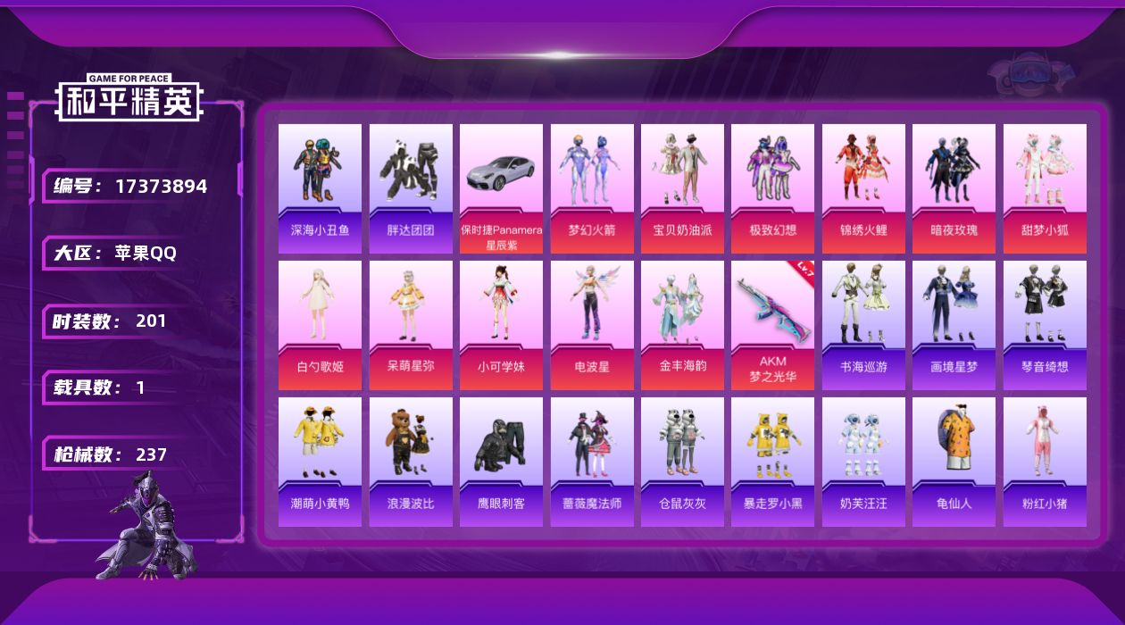 和平精英账号苹果QQ[17373894]【店主推荐捡漏号！可直接换绑】苹果 手Q-12粉装-3特效枪-1载具-6粉色飞行器-80193热力值-7王牌印记-201套装-237枪皮【热门品类】：粉装-梦幻火箭，套装-深海小丑