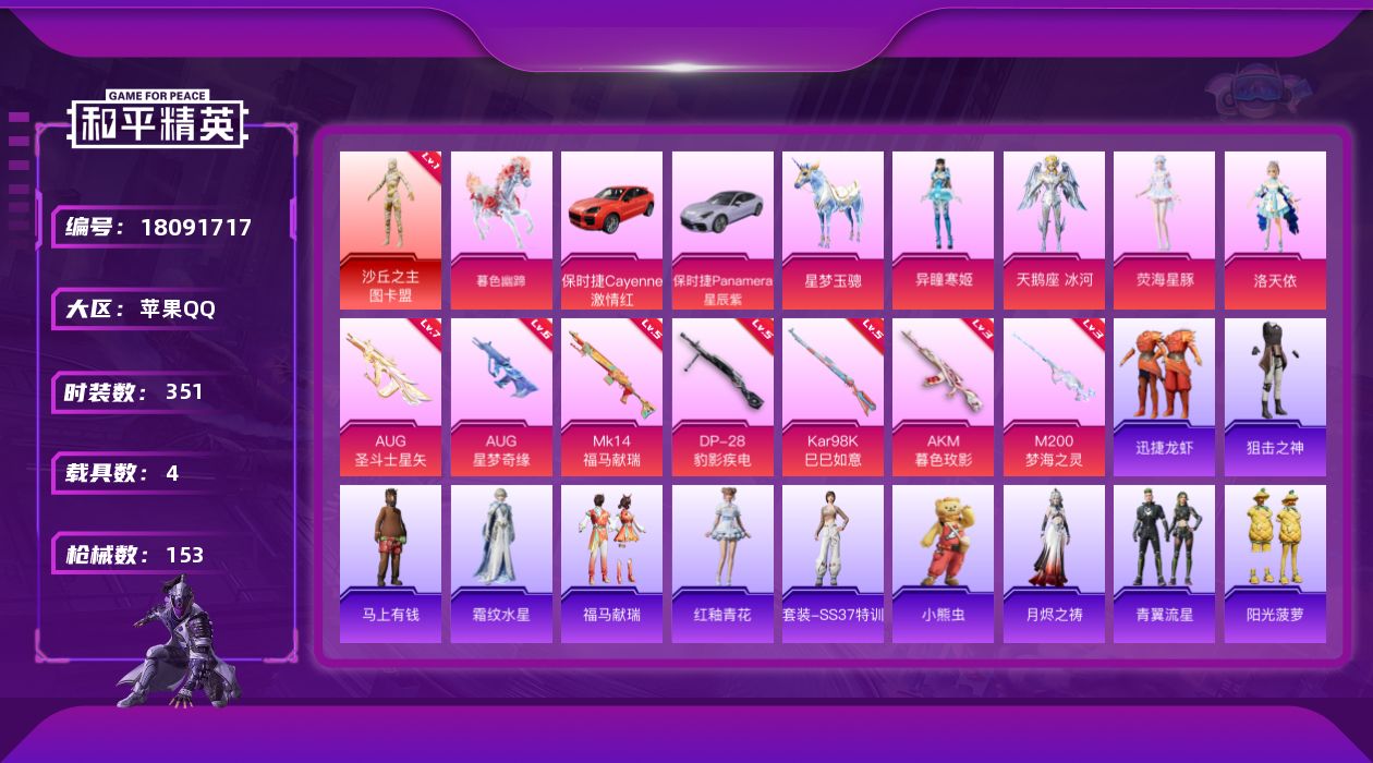 和平精英账号苹果QQ【精品号手慢无】1神装-4粉装-7特效枪-4载具-6粉色飞行器-46418热力值-1王牌印记-91套
