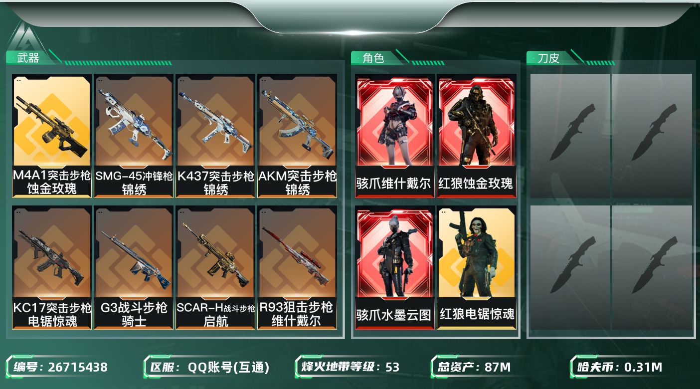三角洲行动账号QQ总资产87M/哈夫币31万/干员外观数4/传说枪皮数12/战场等级5/行动等级53/安全箱等时效性道