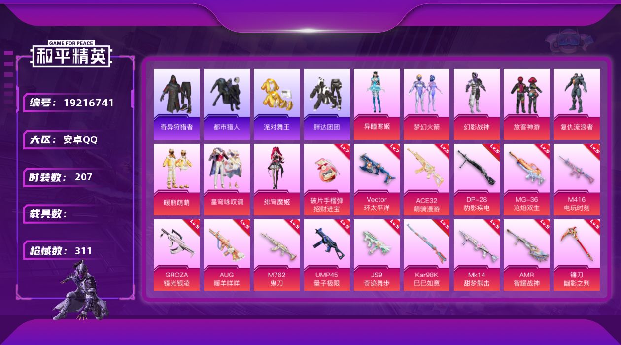 和平精英账号安卓QQ[19216741]安卓 手Q-8粉装-18特效枪-0载具-5粉色飞行器-87112热力值-15王牌印记-207套装-311枪皮
【热门品类】：粉装-梦幻火箭，套装-浪漫天命，套装-都市猎人，套装-派