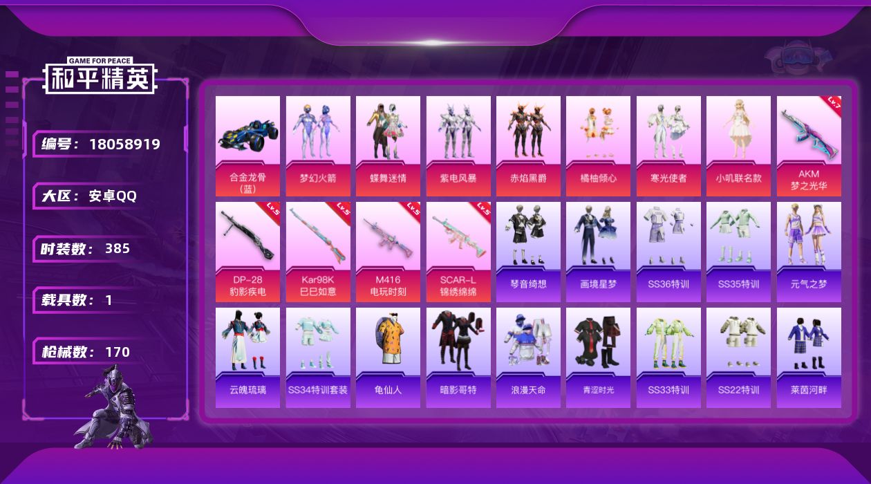 和平精英账号安卓QQ1载具-105套装-170枪皮-2稀有1载具8粉装8特效枪9热门105套装170枪皮 52260热力