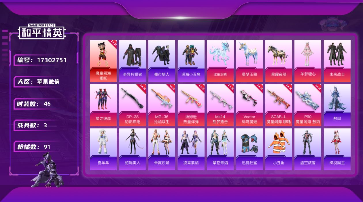 和平精英账号苹果微信[17302751]苹果 微信-1神装-3粉装-7特效枪-3载具-4粉色飞行器-29919热力值-1王牌印记-46套装-91枪皮
【红色神装等级】：魔童闹海-哪吒(二级)
【红色角色神装】：魔童闹海-