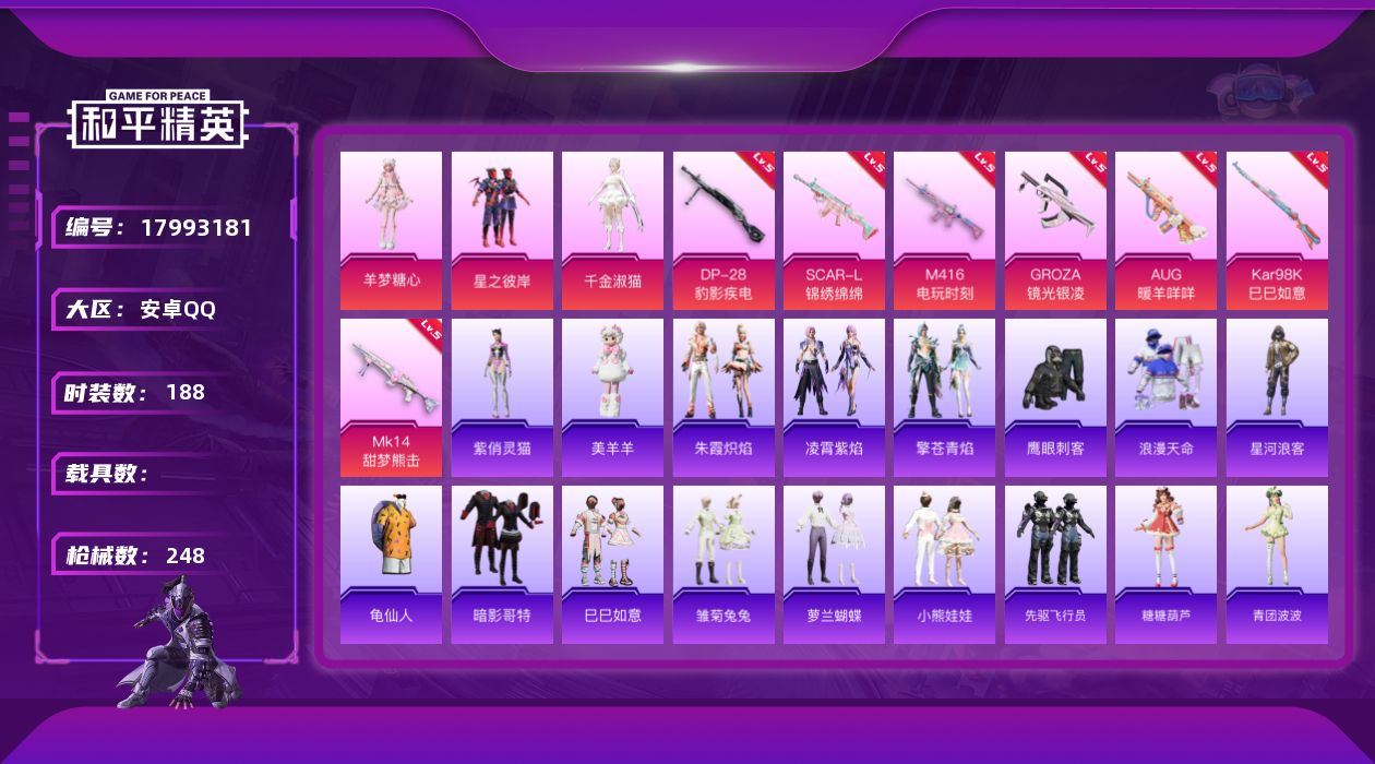 和平精英账号安卓QQ[17993181]安卓 手Q-3粉装-9特效枪-0载具-1粉色飞行器-65378热力值-14王牌印记-188套装-248枪皮
【热门品类】：套装-浪漫天命，套装-星河浪客，套装-龟仙人，套装-暗影哥