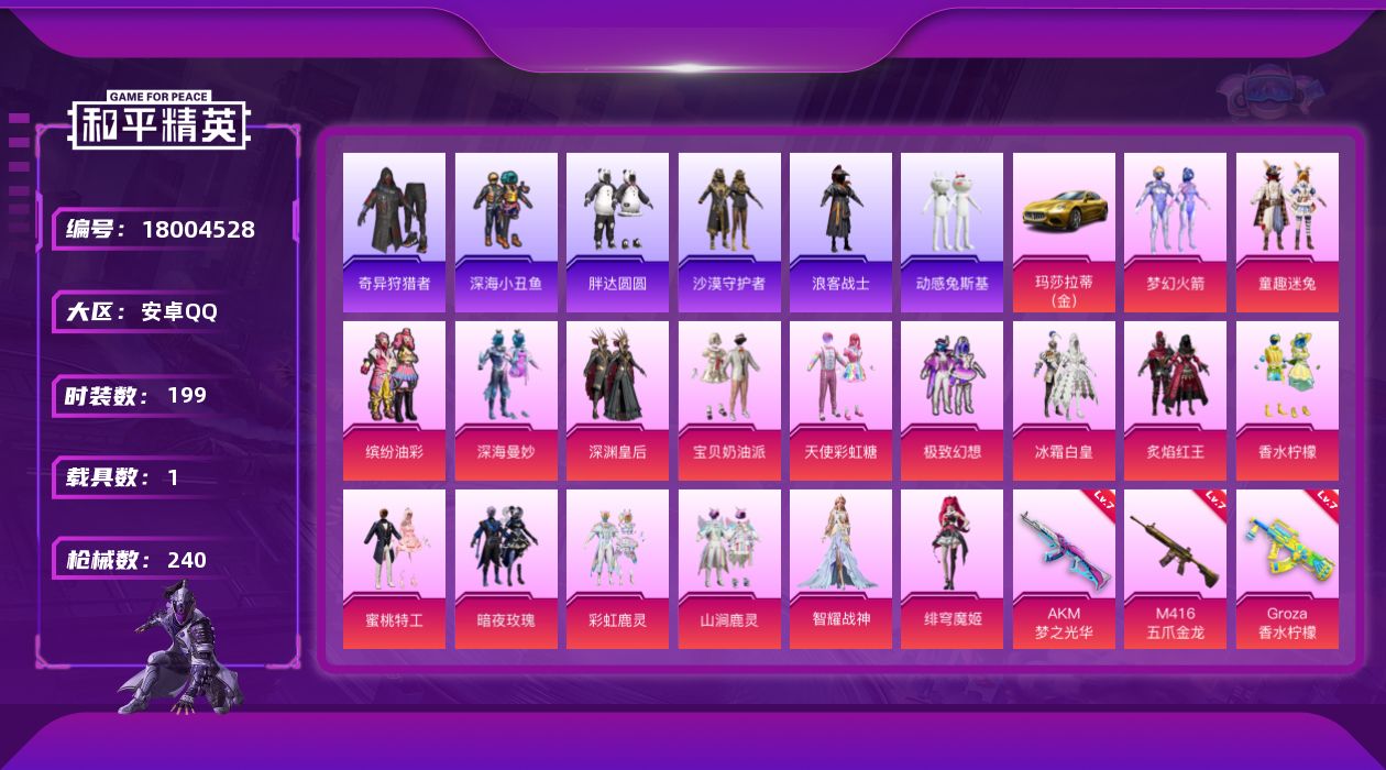 和平精英账号安卓QQ[18004528]【店主推荐捡漏号！可直接换绑】安卓 手Q-17粉装-8特效枪-1载具-4粉色飞行器-85883热力值-8王牌印记-199套装-240枪皮【热门品类】：粉装-梦幻火箭，粉装-童趣迷兔