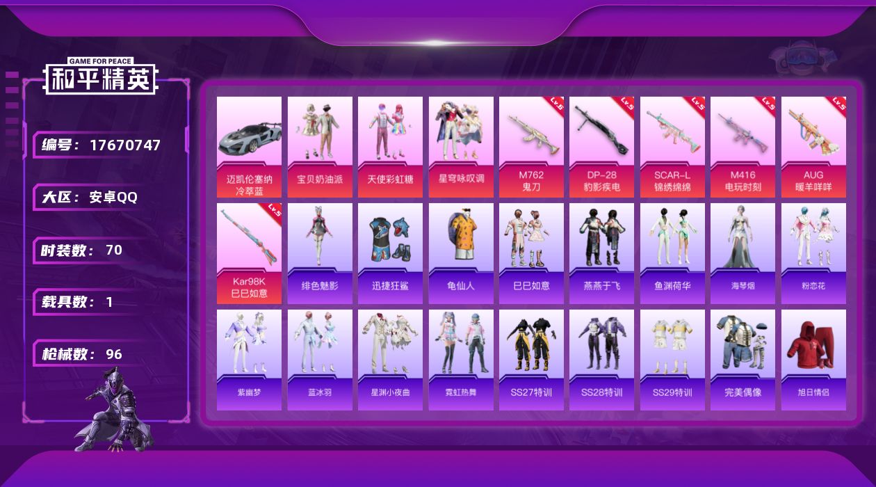 和平精英账号安卓QQ[17670747]安卓 手Q-3粉装-6特效枪-1载具-0粉色飞行器-29579热力值-2王牌印记-70套装-96枪皮
【热门品类】：套装-龟仙人
【粉色套装】：粉装-宝贝奶油派，粉装-天使彩虹糖，