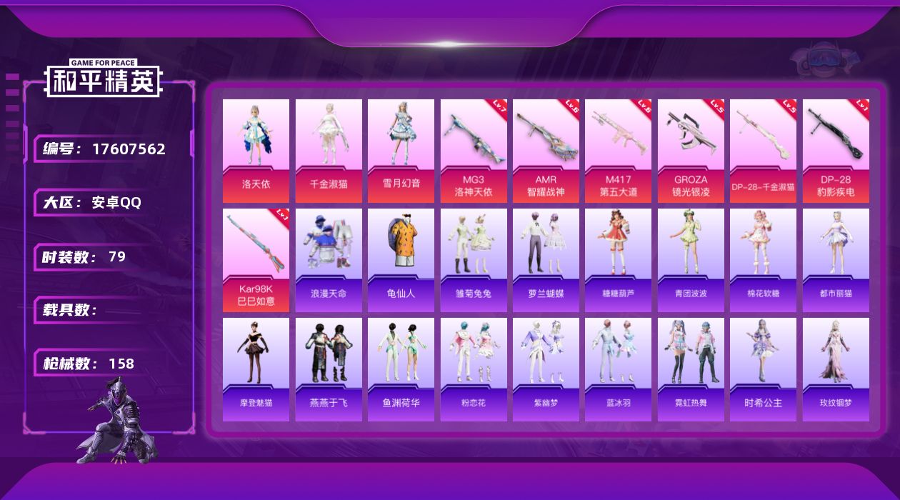和平精英账号安卓QQ[17607562]安卓 手Q-3粉装-9特效枪-0载具-2粉色飞行器-42697热力值-2王牌印记-79套装-158枪皮
【热门品类】：套装-浪漫天命，套装-龟仙人
【粉色套装】：角色-洛天依，角色
