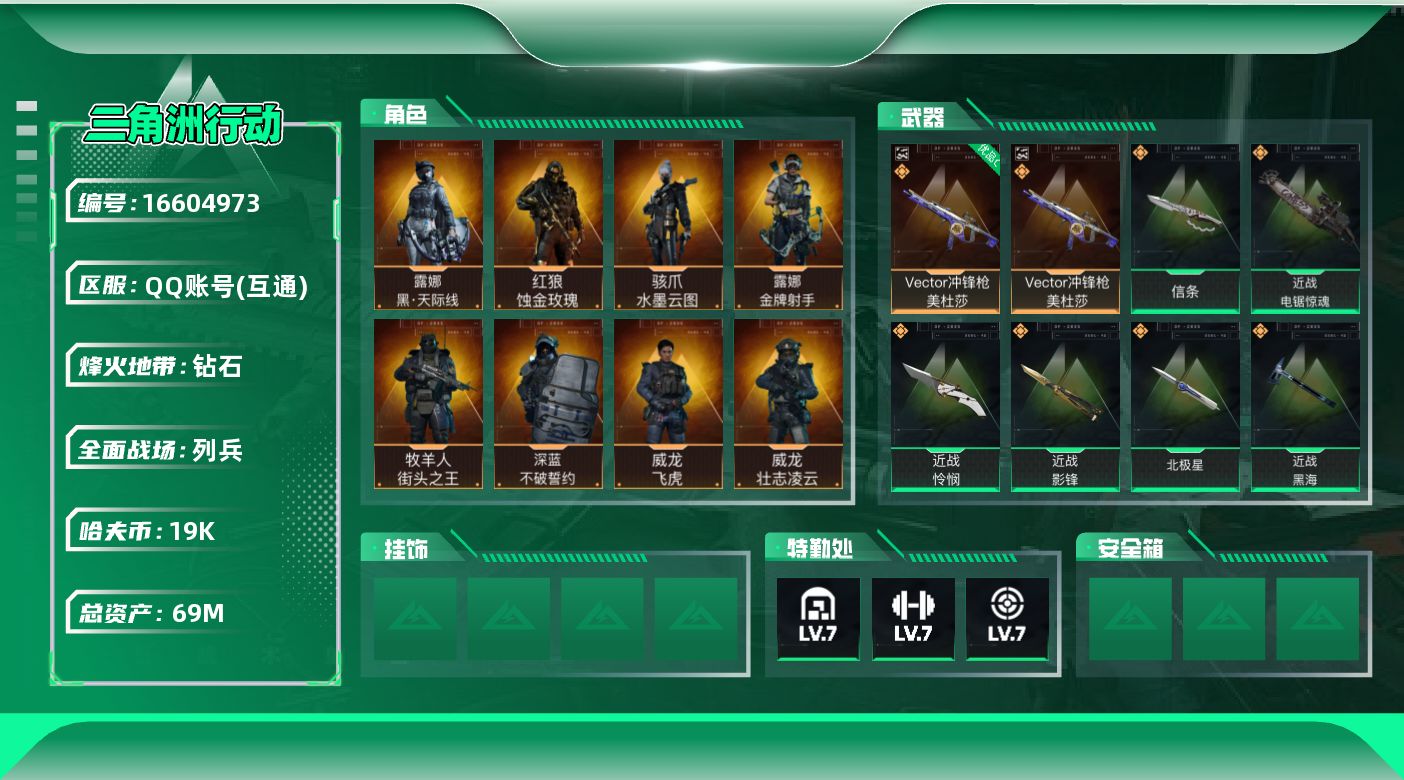 三角洲行动账号QQDF544 69m总资产-19k哈伏币-60烽火等级-钻石-43战场等级-列兵
【干员外观】：红狼-