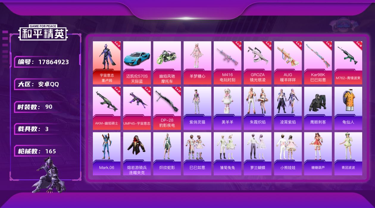 和平精英账号安卓QQ[17864923]【店主推荐捡漏号！可直接换绑】安卓 手Q-1神装-2粉装-9特效枪-3载具-4粉色飞行器-49466热力值-2王牌印记-90套装-165枪皮
【红色神装等级】：宇宙意志-塞卢姆(三