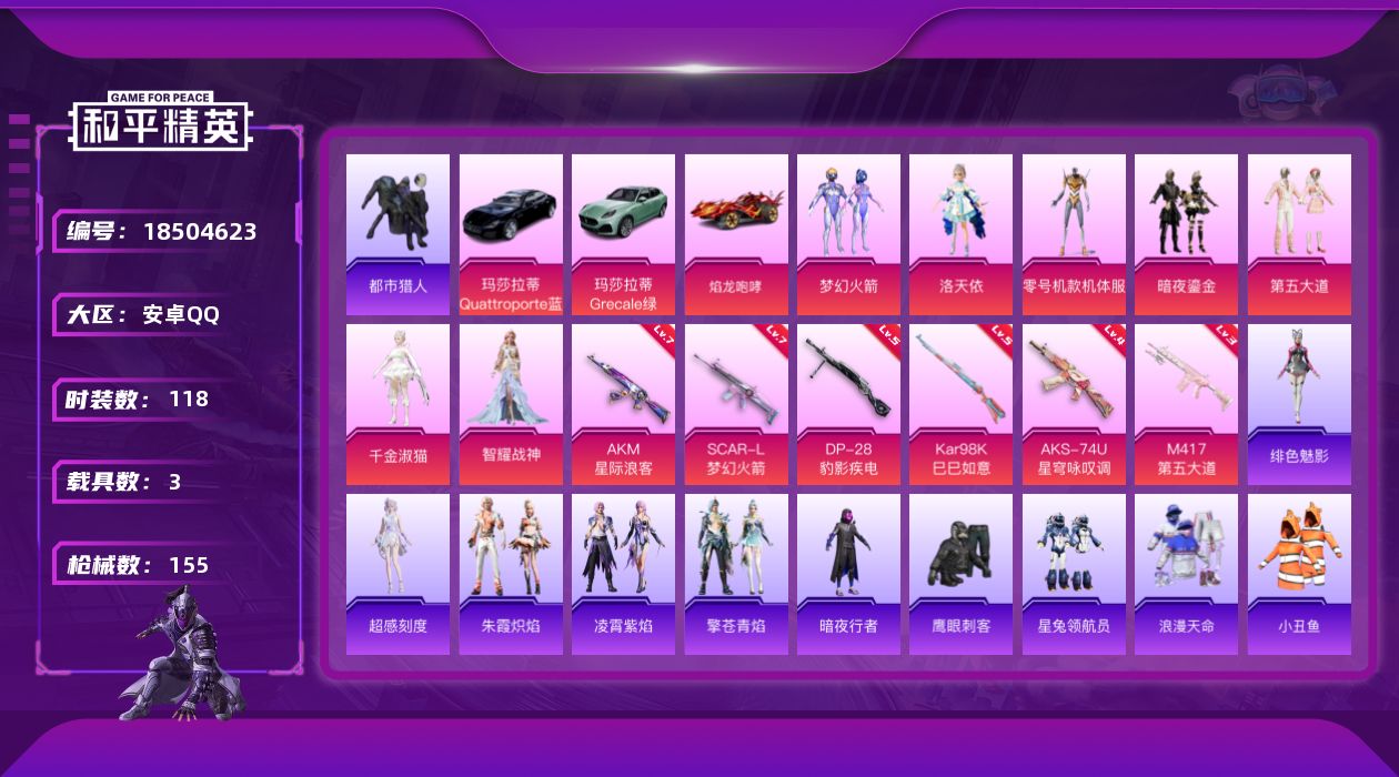 和平精英账号安卓QQ[18504623]安卓 手Q-7粉装-6特效枪-3载具-2粉色飞行器-53731热力值-10王牌印记-118套装-155枪皮
【热门品类】：粉装-梦幻火箭，套装-浪漫天命，套装-都市猎人，套装-小丑