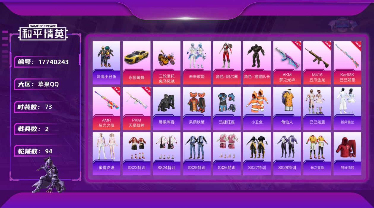 和平精英账号苹果QQ[17740243]苹果 手Q-3粉装-5特效枪-2载具-1粉色飞行器-32913热力值-2王牌印记-73套装-94枪皮
【热门品类】：套装-深海小丑鱼，套装-小丑鱼，套装-龟仙人
【粉色套装】：粉装