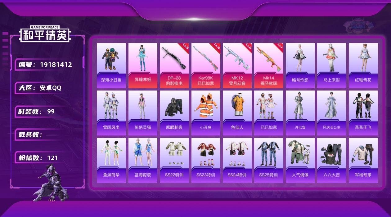 和平精英账号安卓QQ[19181412]安卓 手Q-1粉装-4特效枪-0载具-2粉色飞行器-29745热力值-1王牌印记-99套装-121枪皮
【热门品类】：套装-深海小丑鱼，套装-小丑鱼，套装-龟仙人
【粉色套装】：角