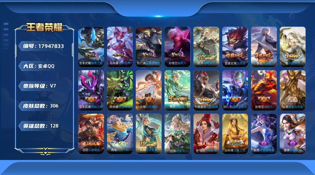 王者荣耀账号安卓QQ128英雄-306皮肤--V7-12传说 发育路30段 4星传说 幽冥火 幽冥之眼 星际治安官 未来