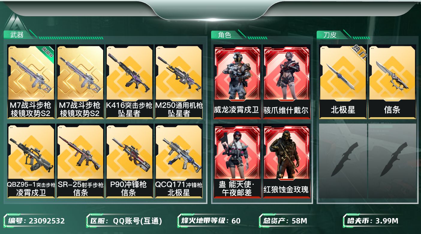 三角洲行动账号QQ【SJZEHC1251】EHC82877-北极星-信条-凌霄戍卫-蚀金玫瑰-维什戴尔-水墨云图-能天