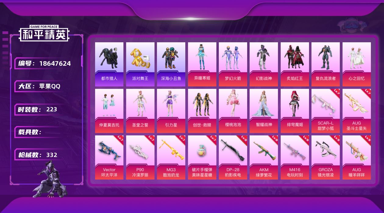 和平精英账号苹果QQ[18647624]苹果 手Q-14粉装-21特效枪-0载具-9粉色飞行器-111420热力值-20王牌印记-223套装-332枪皮
【热门品类】：粉装-梦幻火箭，套装-浪漫天命，套装-都市猎人，套装
