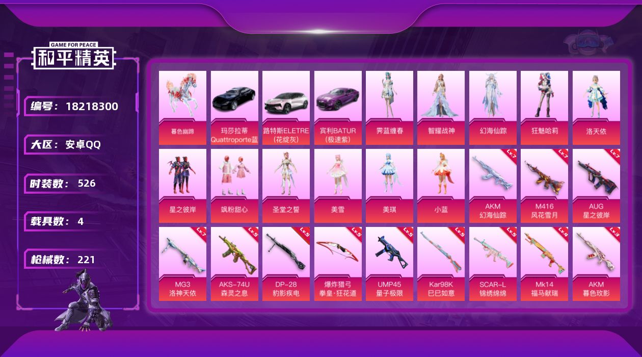 和平精英账号安卓QQ【精品号手慢无】性价比男号，总热力值82586，72级收藏家，热门时装星之彼岸,洛天依,飒粉甜心,圣