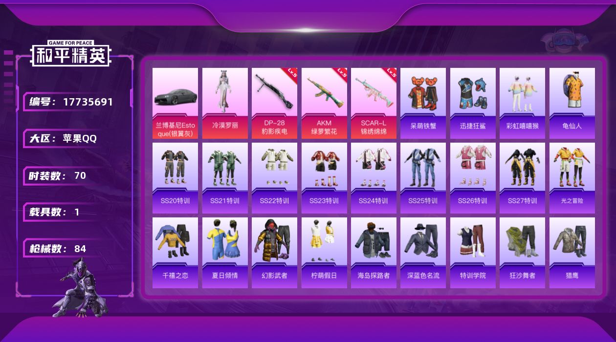 和平精英账号苹果QQ[17735691]【特价出售/店主推荐】 苹果 手Q-1粉装-3特效枪-1载具-26177热力值-5王牌印记-70套装-84枪皮【热门品类】：套装-龟仙人【粉色套装】：角色-冷漠罗丽【粉色枪皮等级】