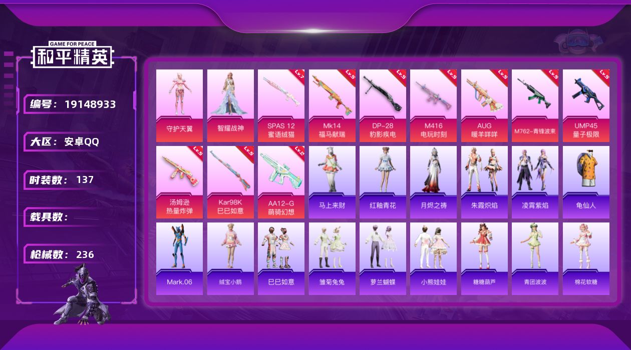 和平精英账号安卓QQ[19148933]安卓 手Q-2粉装-10特效枪-0载具-2粉色飞行器-60751热力值-10王牌印记-137套装-236枪皮
【热门品类】：套装-龟仙人，角色-Mark.06
【粉色套装】：角色-