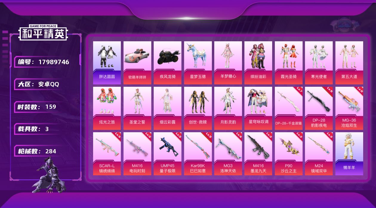 和平精英账号安卓QQ[17989746]安卓 手Q-13粉装-13特效枪-3载具-9粉色飞行器-90942热力值-14王牌印记-159套装-284枪皮
【热门品类】：粉装-缤纷油彩，套装-胖达圆圆，套装-龟仙人
【粉色套