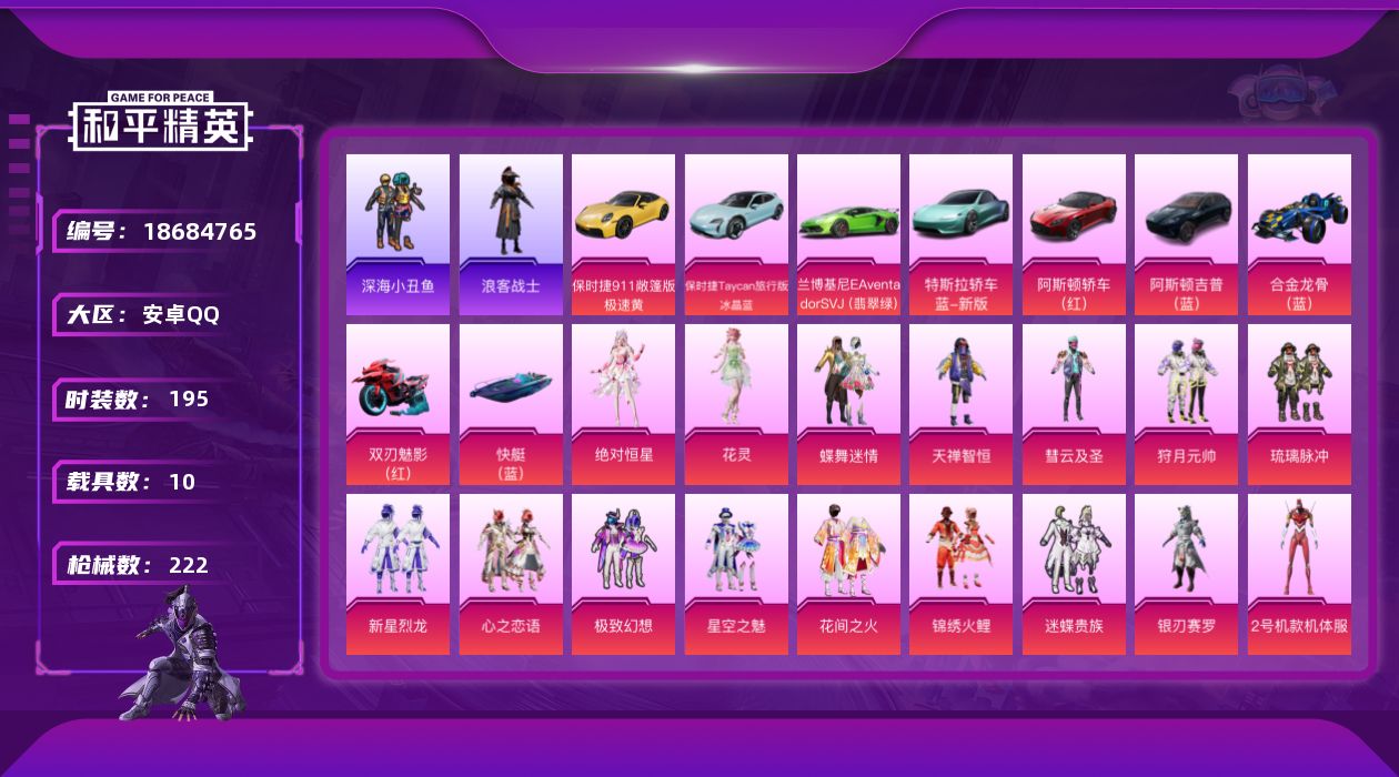 和平精英账号安卓QQ[18684765]【红螳螂战队服浪客战士花仙子精品素材号】安卓 手Q-21粉装-8特效枪-10载具-11粉色飞行器-103356热力值-8王牌印记-195套装-222枪皮
【热门品类】：套装-深海小