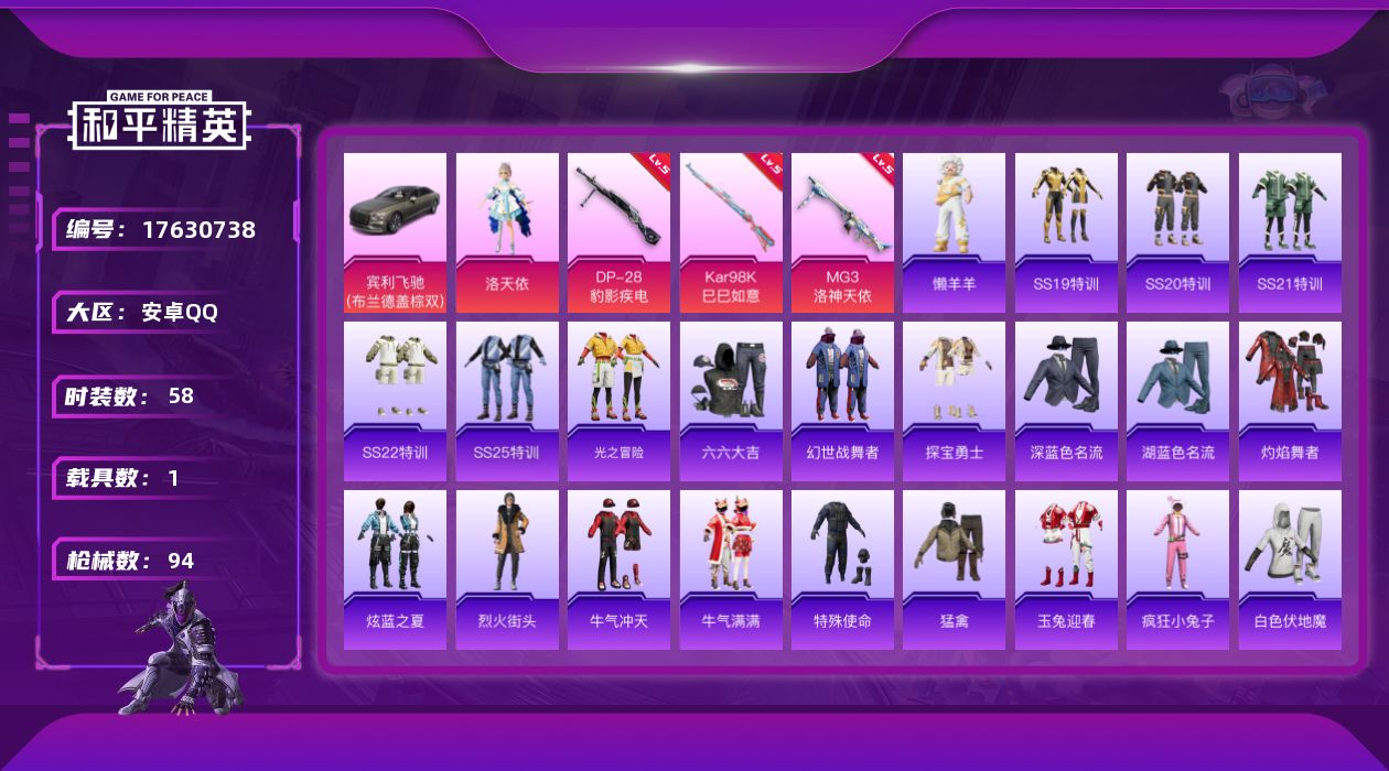和平精英账号安卓QQ[17630738]安卓 手Q-1粉装-4特效枪-1载具-1粉色飞行器-23920热力值-2王牌印记-58套装-94枪皮【粉色套装】：角色-洛天依【粉色枪皮等级】：Kar98K-巳巳如意(五级)，Mk