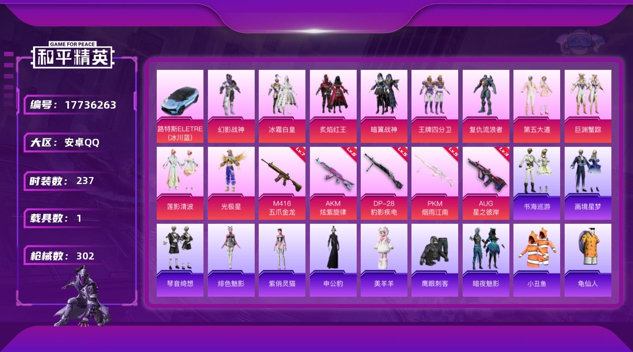 和平精英账号安卓QQ[17736263]安卓 手Q-10粉装-8特效枪-1载具-3粉色飞行器-94285热力值-13王牌印记-237套装-302枪皮
【热门品类】：套装-小丑鱼，套装-龟仙人，套装-粉红小猪，角色-Mar