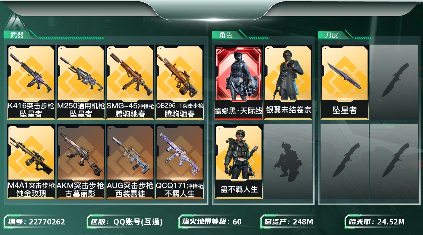 三角洲行动账号QQ【SJZEHC1705】EHC10204 1红皮，1刀皮，天际线，坠星，200m流动
248m总资产