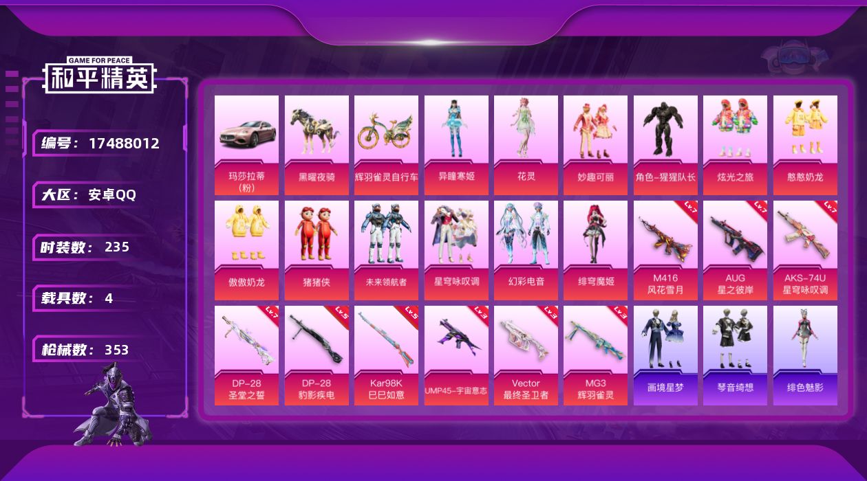和平精英账号安卓QQ[17488012]实名: 不可修改 时装数: 235 载具数: 4 枪械数: 353 战备数: 298 热门装扮: 妙趣可丽,猩猩队长,炫光之旅,憨憨奶龙,傲傲奶龙,猪猪侠,未来领航者,星穹咏叹调,