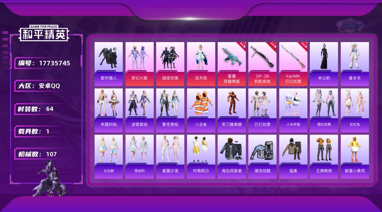 和平精英账号安卓QQ[17735745]可二次【特价出售/店主推荐】安卓 手Q-3粉装-6特效枪-1载具-3粉色飞行器-31004热力值-5王牌印记-64套装-107枪皮【热门品类】：粉装-梦幻火箭，套装-都市猎人，套装