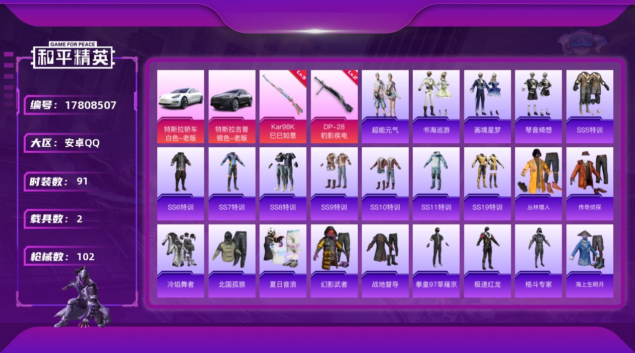 和平精英账号安卓QQ[17808507]【店主推荐捡漏号】安卓 手Q-0粉装-4特效枪-2载具-2粉色飞行器-32111热力值-1王牌印记-91套装-102枪皮【粉色枪皮等级】：ACE32-萌骑漫游(一级)，Kar98K