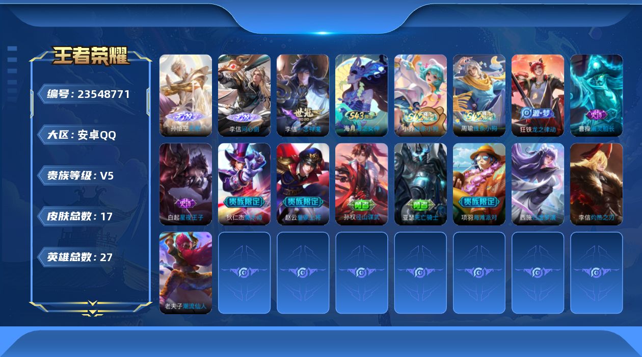 王者荣耀账号安卓QQ贵族5 无双2 传说皮肤1 史诗皮肤6 皮肤数量17 皮肤价值:10420 英雄27 至尊星耀V 总场次137