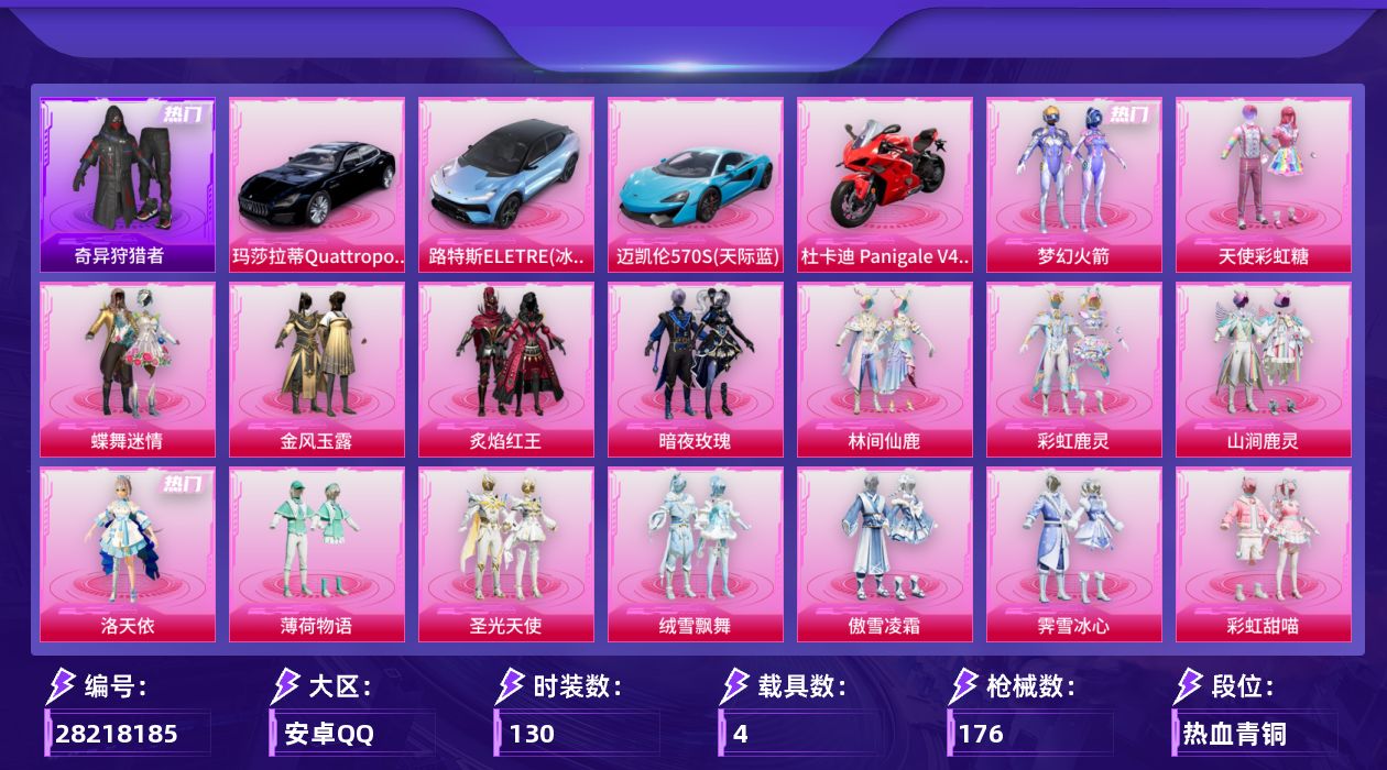 [28218185]安卓手Q-历史最高段位：超级王牌10星-31粉装-12特效枪-4载具-11粉色飞行器-69233热力值-5王牌印记-130套装-176枪皮
【热门品类】：粉装-梦幻火箭，套装-奇异狩猎者，角色-军刀雅典娜，套装-龟仙人，套装-暗影哥特，套装-粉红小猪
【粉色套装】：粉装-碎梦浮光，粉装-天使彩虹糖，粉装-蝶舞迷情，粉装-梦幻火箭，粉装-金风玉露，粉装-炙焰红王，粉装-暗夜玫瑰，粉装-林间仙鹿，粉装-彩虹鹿灵，粉装-山涧鹿灵，角色-洛天依，粉装-薄荷物语，粉装-圣光天使，粉装-绒雪飘舞，粉装-傲雪凌霜，粉装-霁雪冰心，粉装-彩虹甜喵，女娲后裔-赵灵儿，粉装-冰川粉黛，粉装-冰川幽秘，粉装-冰川红玫，粉装-桃夭倾城，粉装-霞光圣骑，粉装-寒光使者，角色-歌者泠鸢，粉装-暗夜鎏金，粉装-第五大道，粉装-心之回忆，角色-白勺歌姬，角色-呆萌星弥，角色-小可学妹
【粉色枪皮等级】：AKM-星际浪客(四级)，SCAR-L-桃夭倾城(一级)，SCAR-L-纯梦嫁纱(五级)，M416-五爪金龙(七级)，ARX-神木藏锋(二级)，汤姆逊-玉魄流云(四级)，AKS-74U-琉璃赤心(五级)，P90-能量风暴(四级)，M417-第五大道(二级)，M249-彩虹甜喵(二级)，DP-28-暗夜鎏金(二级)，MG3-洛神天依(四级)
【粉色载具】：路特斯ELETRE（冰川蓝），玛莎拉蒂Quattroporte（夜幕蓝），迈凯伦570S（天际蓝），杜卡迪 Panigale V4（杜卡迪红）
【粉色枪皮】：AKM-星际浪客，SCAR-L-桃夭倾城，SCAR-L-纯梦嫁纱，M416-五爪金龙，ARX-神木藏锋，汤姆逊-玉魄流云，AKS-74U-琉璃赤心，P90-能量风暴，M417-第五大道，M249-彩虹甜喵，DP-28-暗夜鎏金，MG3-洛神天依
【粉色飞行器】：碎梦浮光飞行器，春暖花开飞行器，圣光天使飞行器，闪光银龙飞行器，绒雪飘舞飞行器，冰川粉黛飞行器，桃夭倾城飞行器，歌者泠鸢飞行器，纯梦嫁纱飞行翼，梦幻舞会飞行器，变形金刚飞行器
【粉色降落伞】：碎梦浮光降落伞，甜心宝贝降落伞，春暖花开降落伞，金风玉露降落伞，神秘黑猫降落伞，相思残雪降落伞，暗夜玫瑰降落伞，林间仙鹿降落伞，洛神天依降落伞，青春物语降落伞，恐龙拽拽降落伞，圣光天使降落伞，闪光银龙降落伞，绒雪飘舞降落伞，太空嘟嘟降落伞，彩虹甜喵
