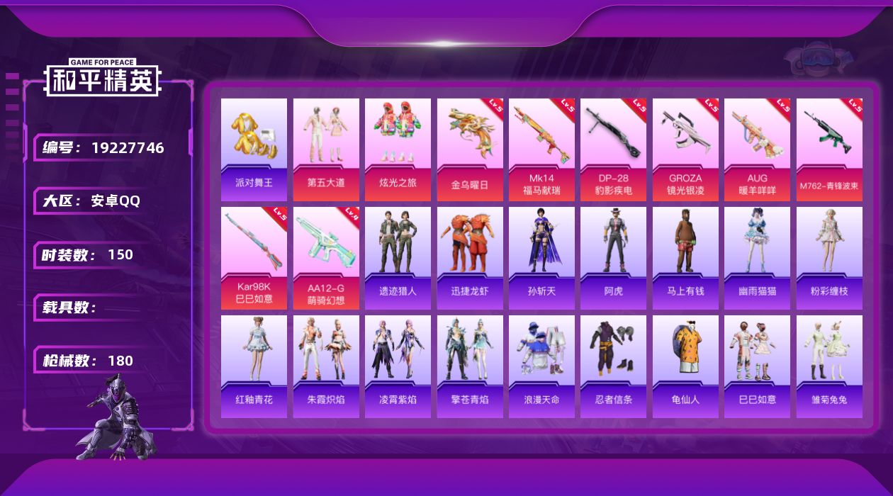 和平精英账号安卓QQ[19227746]安卓 手Q-2粉装-8特效枪-0载具-3粉色飞行器-55051热力值-4王牌印记-150套装-180枪皮
【热门品类】：套装-浪漫天命，套装-派对舞王，套装-忍者信条，套装-龟仙人