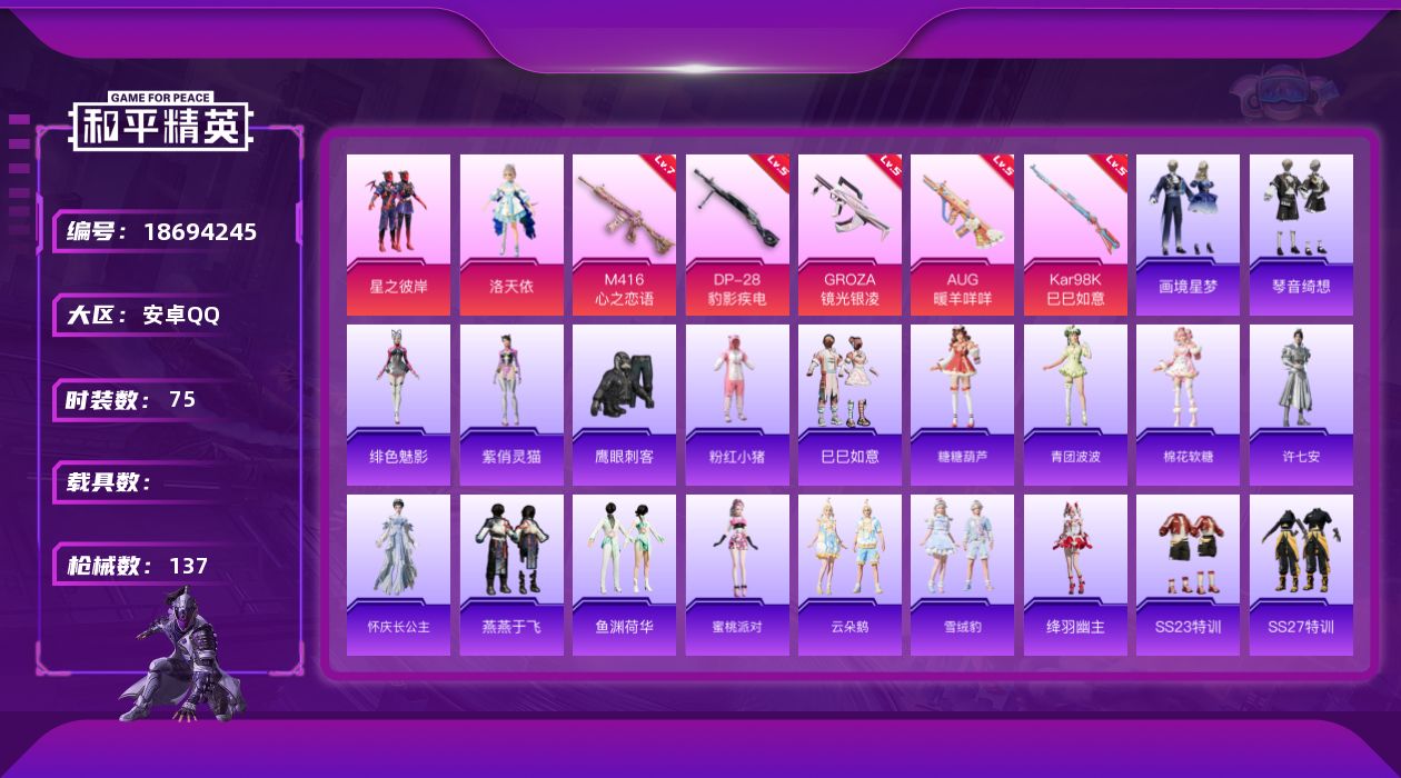 和平精英账号安卓QQ[18694245]安卓 手Q-2粉装-8特效枪-0载具-1粉色飞行器-36514热力值-3王牌印记-75套装-137枪皮
【热门品类】：套装-粉红小猪
【粉色套装】：粉装-星之彼岸，角色-洛天依
【