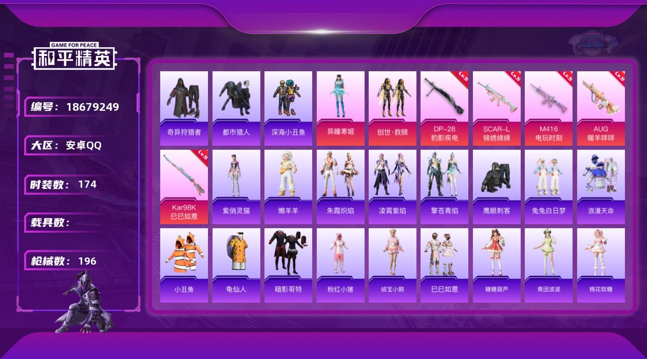 和平精英账号安卓QQ[18679249]安卓 手Q-2粉装-8特效枪-0载具-1粉色飞行器-54233热力值-13王牌印记-174套装-196枪皮
【热门品类】：套装-浪漫天命，套装-都市猎人，套装-深海小丑鱼，套装-小