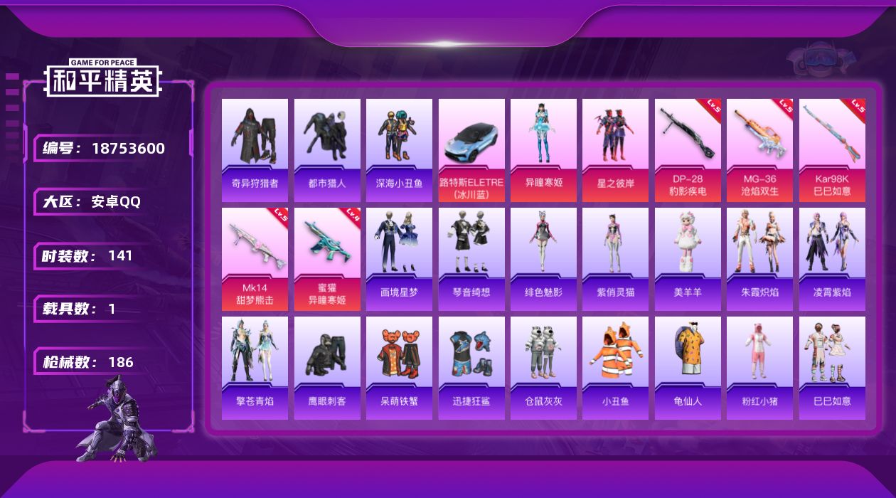 和平精英账号安卓QQ[18753600]安卓 手Q-2粉装-8特效枪-1载具-1粉色飞行器-52281热力值-2王牌印记-141套装-186枪皮
【热门品类】：套装-都市猎人，套装-深海小丑鱼，套装-小丑鱼，套装-奇异狩