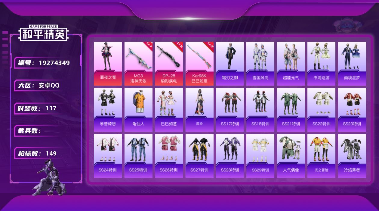 和平精英账号安卓QQ[19274349]117套装/枪械3/装备167/战备123/王牌印记12/热力值41855/五级Kar98K-巳巳如意/五级DP-28-豹影疾电/七级MG3-洛神天依/龟仙人/罪夜之冕/Kar98