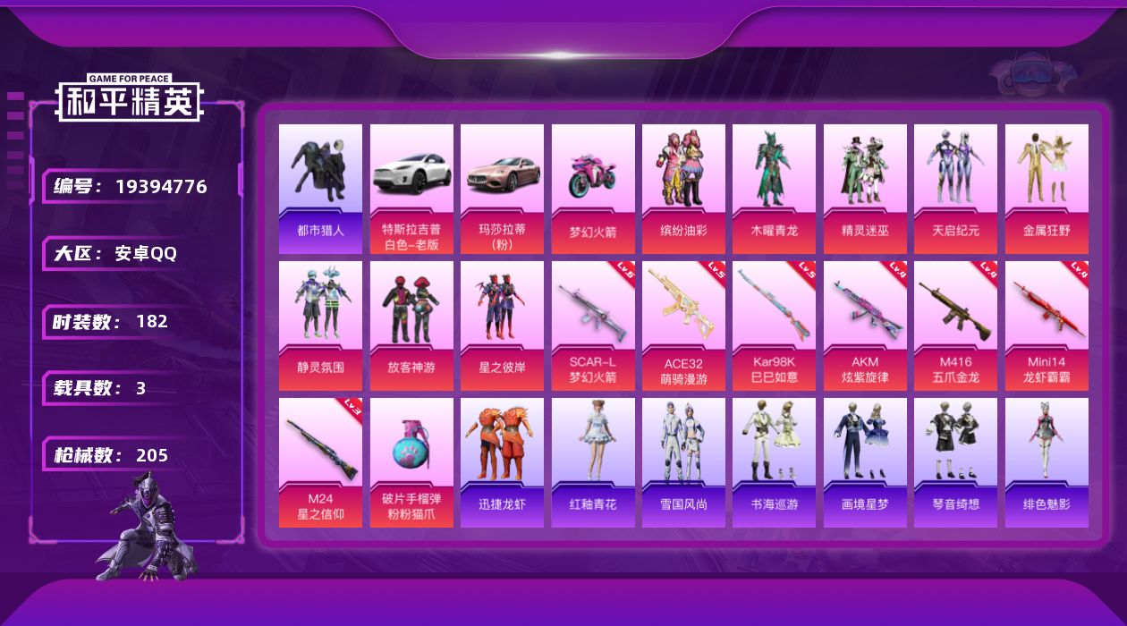 和平精英账号安卓QQ[19394776]182套装/枪械8/装备255/载具3/战备134/王牌印记10/热力值75471/四级AKM-炫紫旋律/六级SCAR-L-梦幻火箭/四级M416-五爪金龙/五级ACE32-萌骑漫