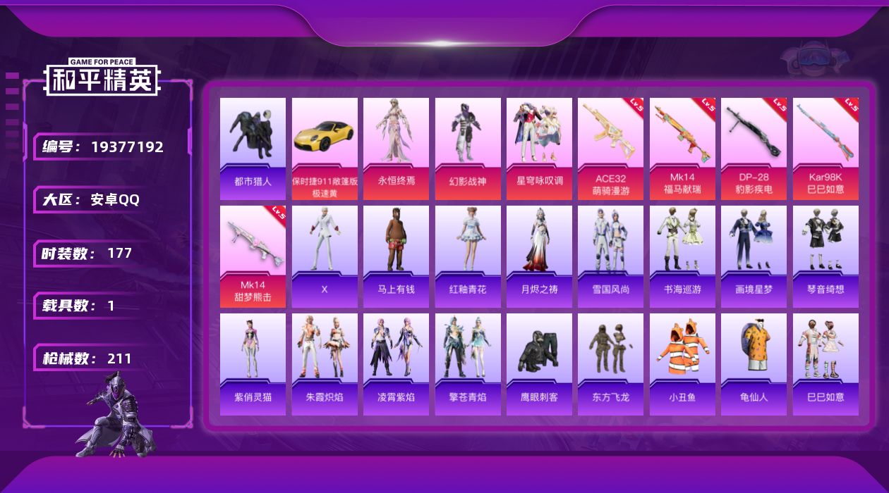 和平精英账号安卓QQ[19377192]安卓 手Q-3粉装-5特效枪-1载具-1粉色飞行器-58677热力值-18王牌印记-177套装-211枪皮
【热门品类】：套装-都市猎人，套装-小丑鱼，套装-龟仙人
【粉色套装】：