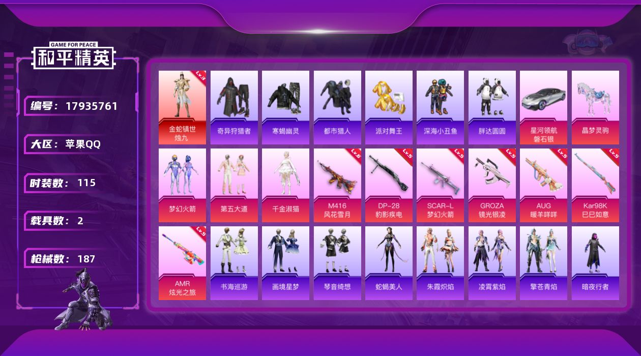 和平精英账号苹果QQ[17935761]【特价出售/店主推荐】苹果 手Q-1神装-3粉装-9特效枪-2载具-4粉色飞行器-59361热力值-10王牌印记-115套装-187枪皮【红色神装等级】：金蛇镇世-烛九(三级)【热