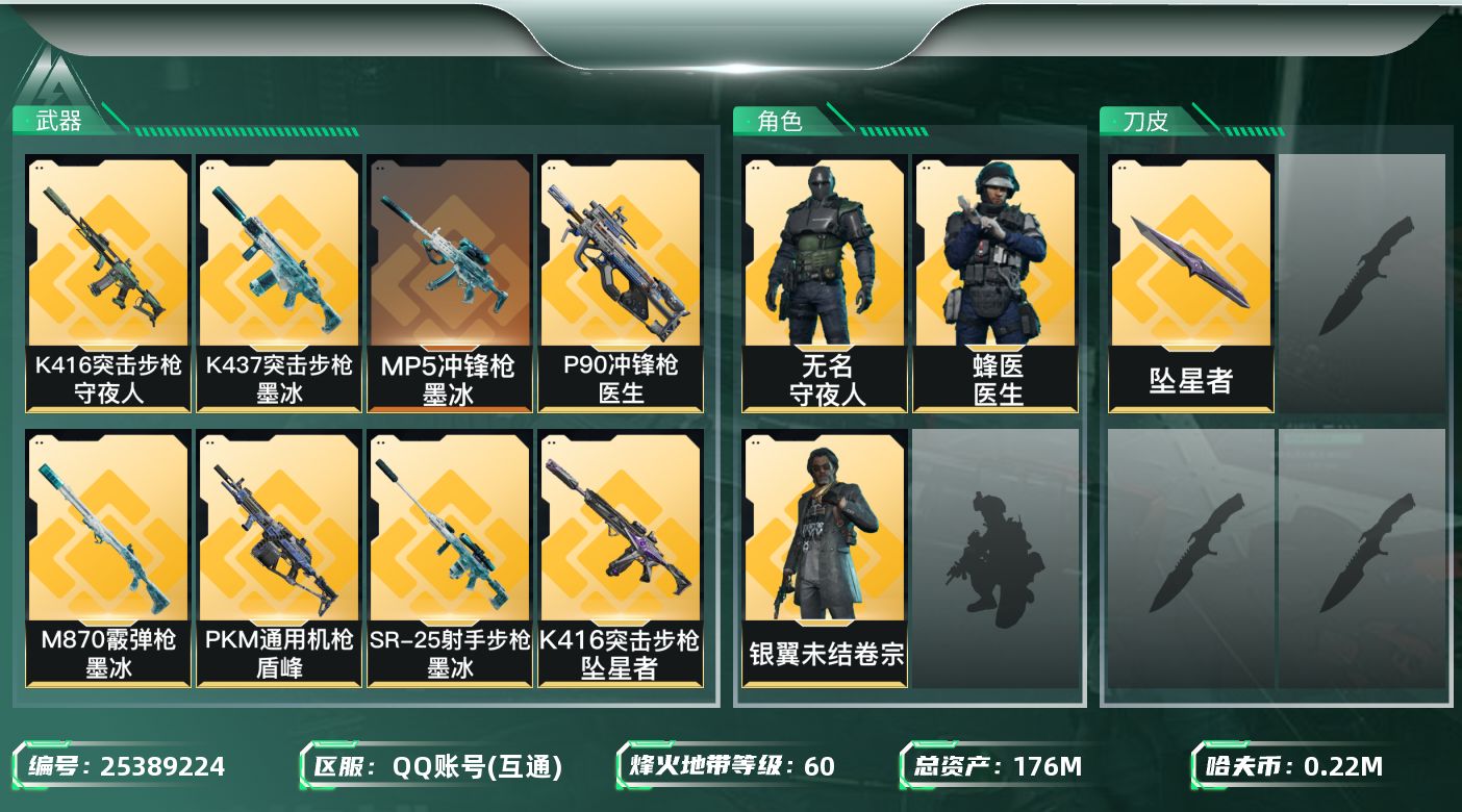 三角洲行动账号QQ【kysjz705】176m总资产-225k哈夫币-60烽火等级-黑鹰-10战场等级-列兵
【干员外
