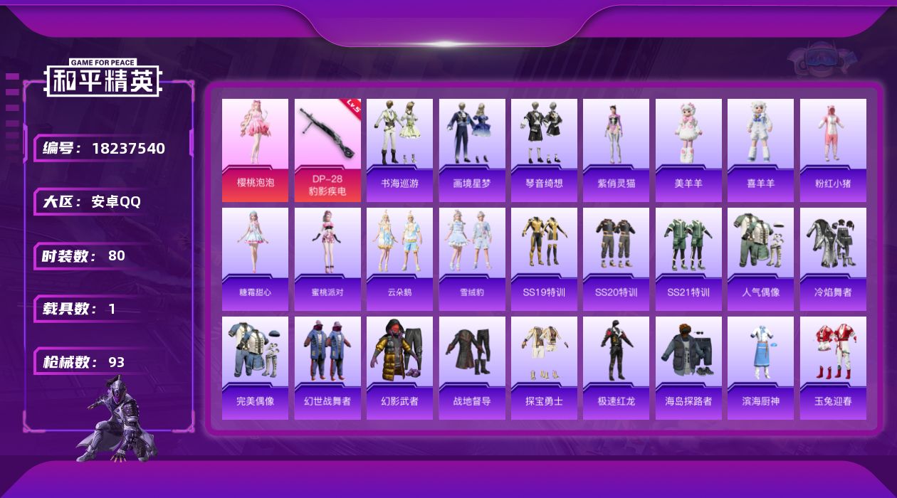 和平精英账号安卓QQ[18237540]安卓 手Q-3粉装-3特效枪-1载具-1粉色飞行器-29183热力值-4王牌印记-80套装-93枪皮
【热门品类】：套装-粉红小猪
【粉色套装】：角色-樱桃泡泡，角色-霁蓝缠春，角