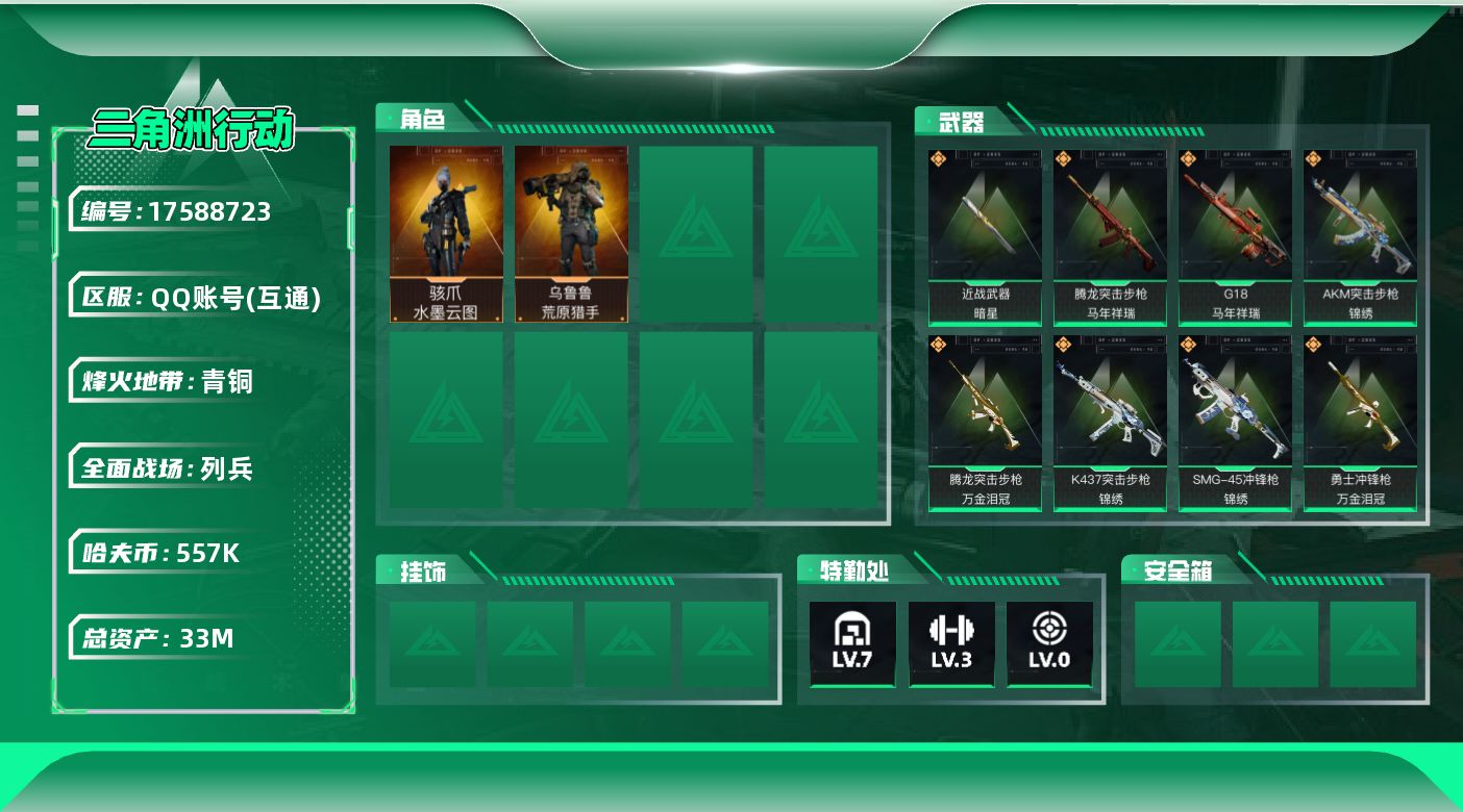 三角洲行动账号QQ【4628】33m总资产-557k哈伏币-57烽火等级-青铜-8战场等级-列兵
【干员外观】：骇爪-