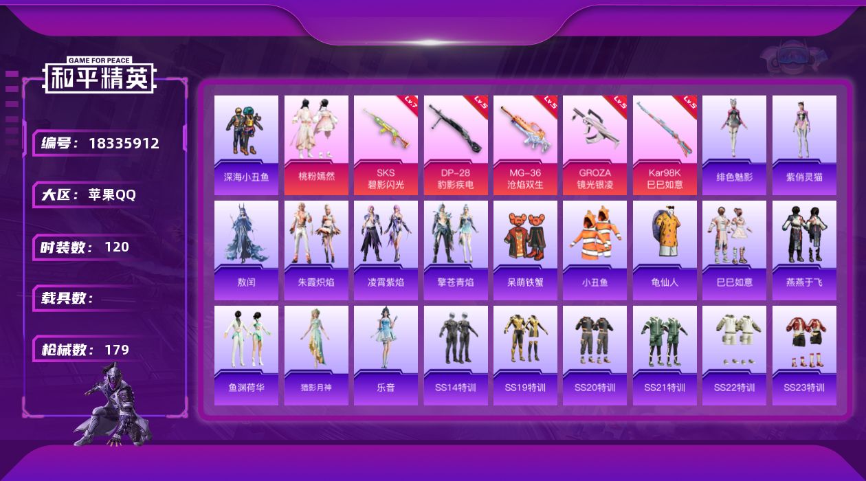 和平精英账号苹果QQ[18335912]苹果 手Q-1粉装-7特效枪-0载具-1粉色飞行器-51195热力值-10王牌印记-120套装-179枪皮
【热门品类】：套装-深海小丑鱼，套装-小丑鱼，套装-龟仙人
【粉色套装】