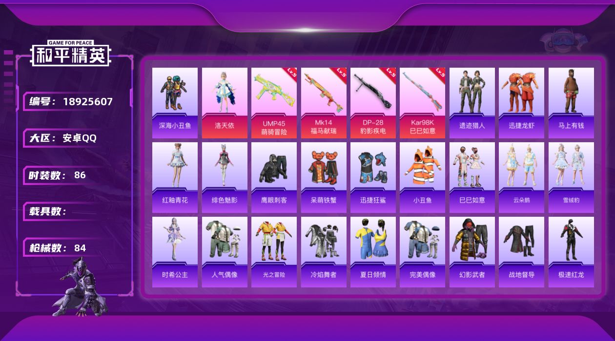 和平精英账号安卓QQ[18925607]86套装/枪械4/装备97/战备59/王牌印记6/热力值23807/五级UMP45-萌骑冒险/五级Kar98K-巳巳如意/五级MK14-福马献瑞/五级DP-28-豹影疾电/深海小丑