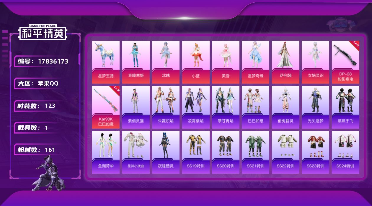 和平精英账号苹果QQ[17836173]苹果 手Q-7粉装-3特效枪-1载具-3粉色飞行器-45148热力值-6王牌印记-123套装-161枪皮
【粉色套装】：角色-小蓝，角色-美雪，角色-星梦奇缘，角色-萨利娅，角色-