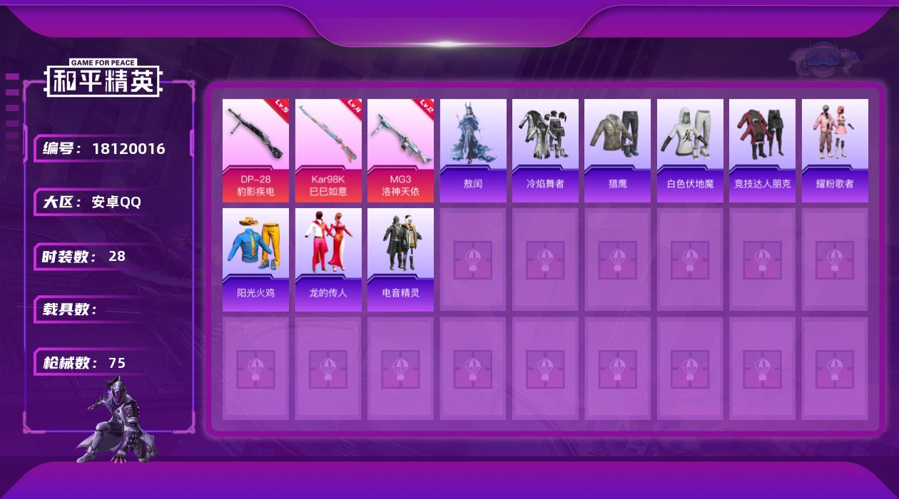 和平精英账号安卓QQ[18120016]安卓 手Q-0粉装-4特效枪-0载具-1粉色飞行器-15781热力值-4王牌印记-28套装-75枪皮
【粉色枪皮等级】：Kar98K-巳巳如意(四级)，Mk14-福马献瑞(四级)，