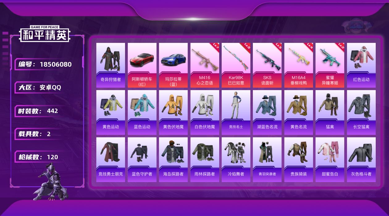 和平精英账号安卓QQ[18506080]5特效枪 2载具 6印记 可二次 
【热门装扮】奇异狩猎者
【载具】玛莎拉蒂Gh