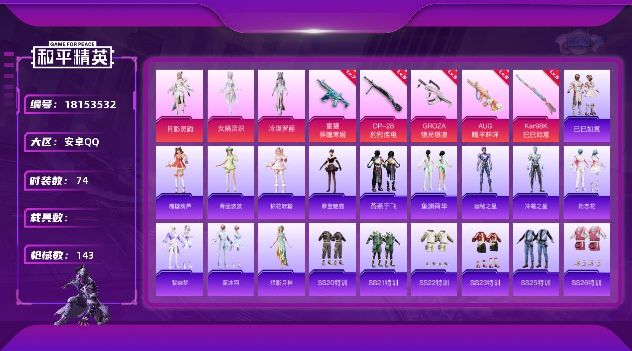 和平精英账号安卓QQ[18153532]【特价出售/店主推荐】安卓 手Q-3粉装-8特效枪-1粉色飞行器-38261热力值-3王牌印记-74套装-143枪皮【粉色套装】：角色-月影灵韵，角色-女娲灵识，角色-冷漠罗丽【粉