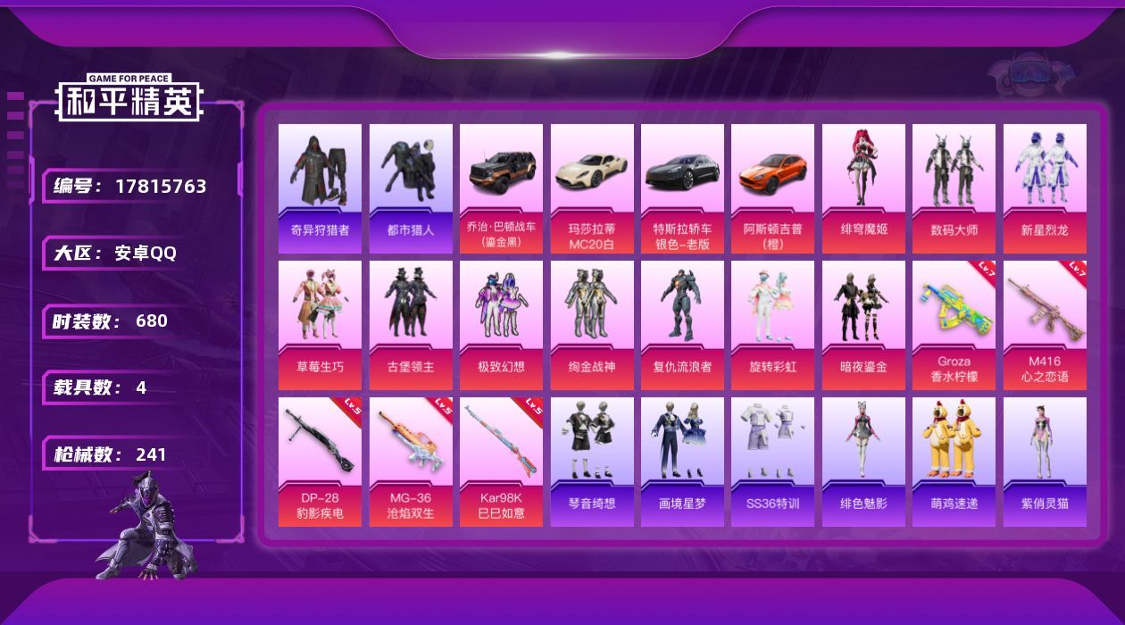 和平精英账号安卓QQ4载具-162套装-241枪皮-4载具-162套装-241枪皮-连体王者V7-205皮肤9传说-s1
