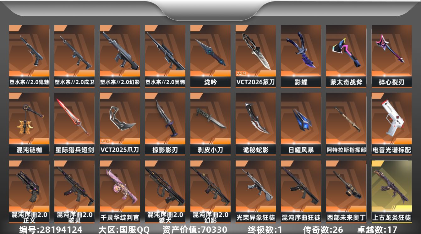 []26橙皮 1金皮 17紫皮 139皮肤 29英雄 188卡面 1445已用源晶 黄金段位 可二次 可修改实名 
【套装】VCT 2025赛季礼包,VCTCN2025套装,掠影//3.0套装,塑水宗//2.0
【近战武器皮肤】VCT 2025 爪刀,诡秘蛇影,日耀风暴,影刃-掠影,